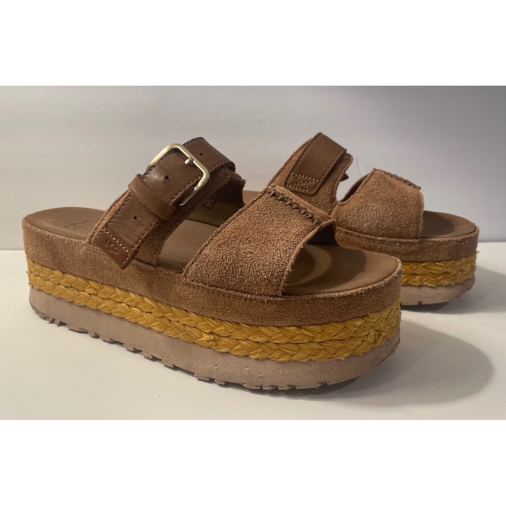 UGG Womens Aubry Slide Chestnut Suede Raffia Platform Buckle Slide Sandals 9